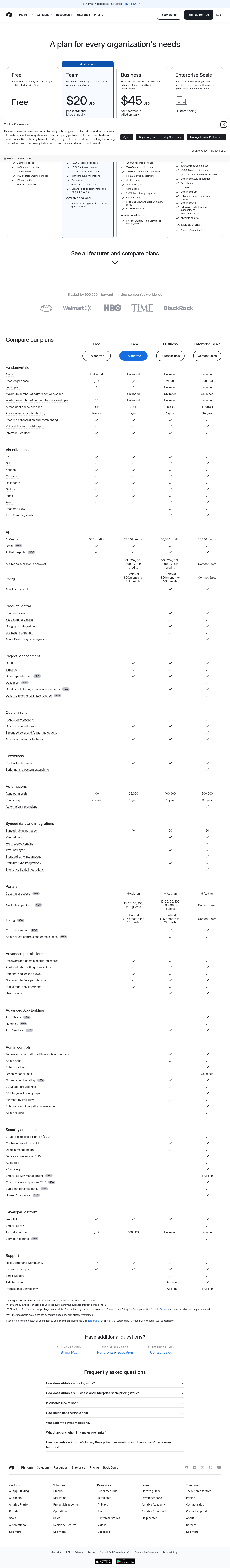 Airtable pricing page as captured