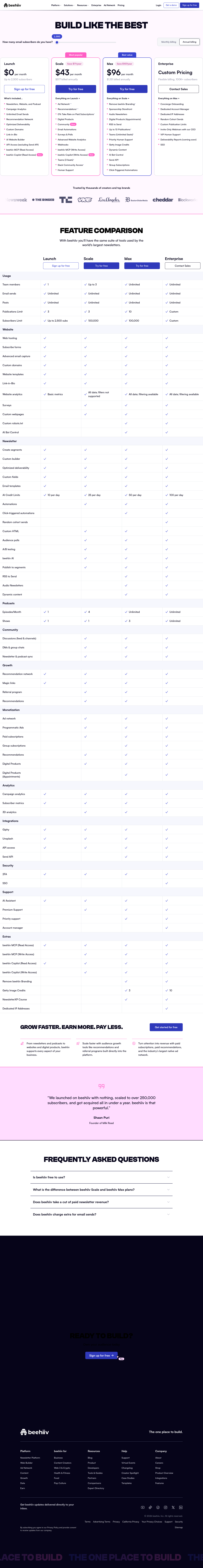 beehiiv pricing page as captured