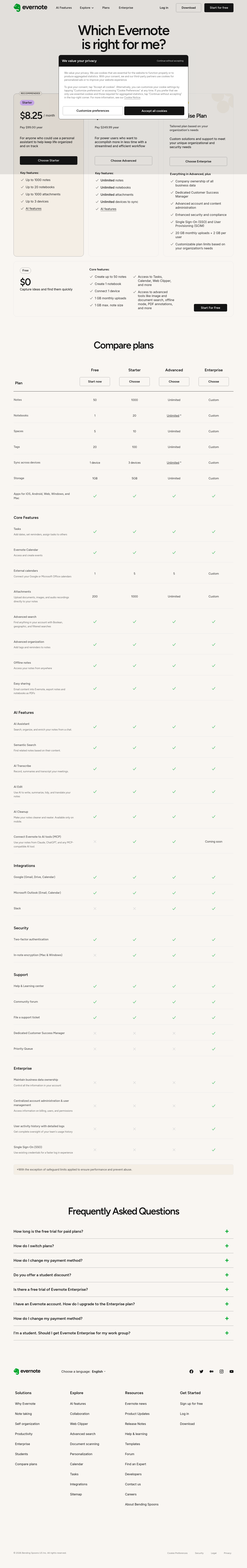 Evernote pricing page as captured