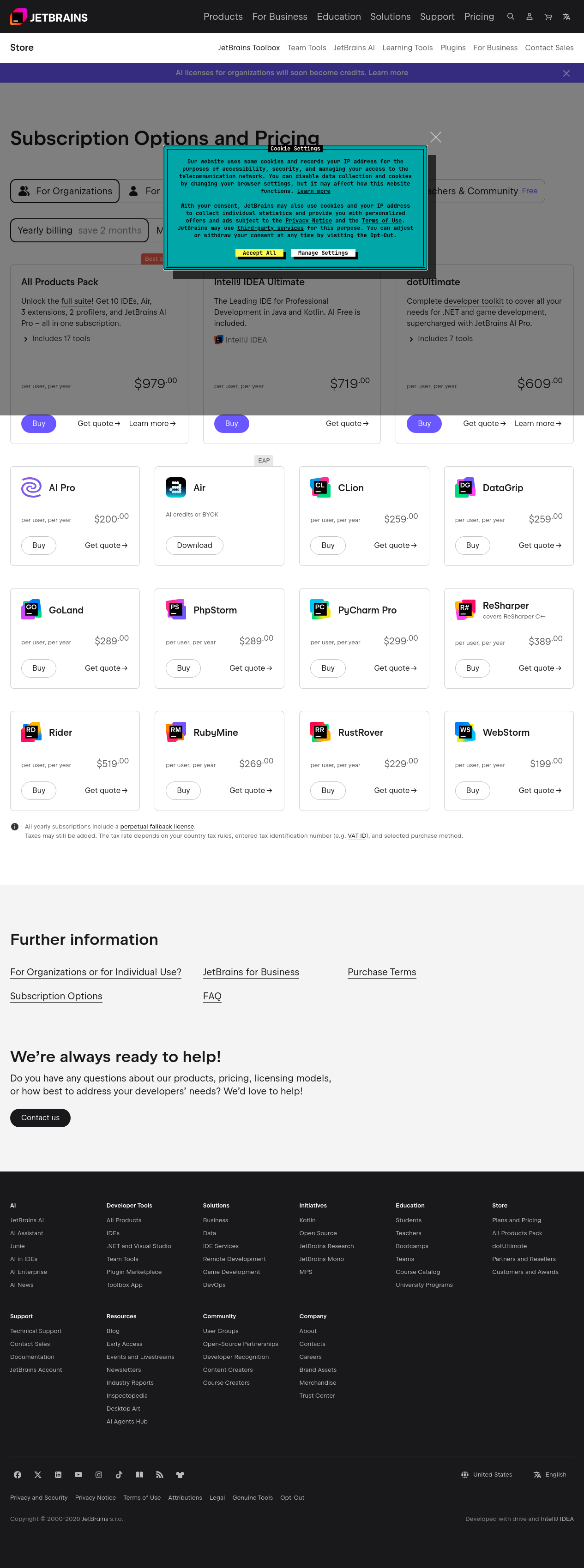 JetBrains IDEs pricing page as captured