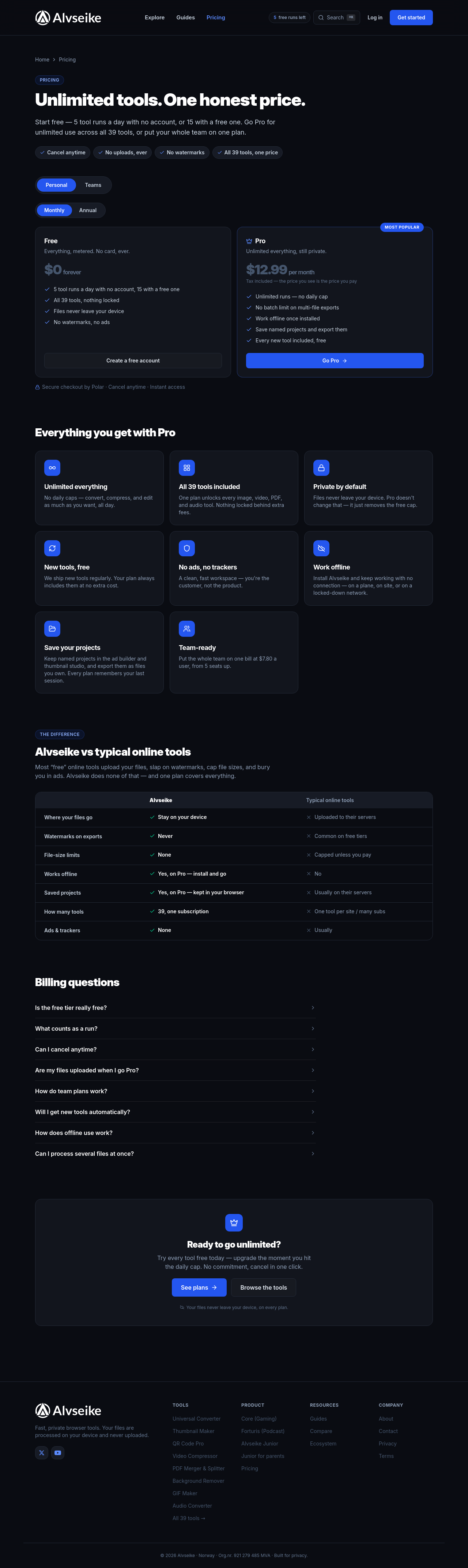 Alvseike pricing page as captured
