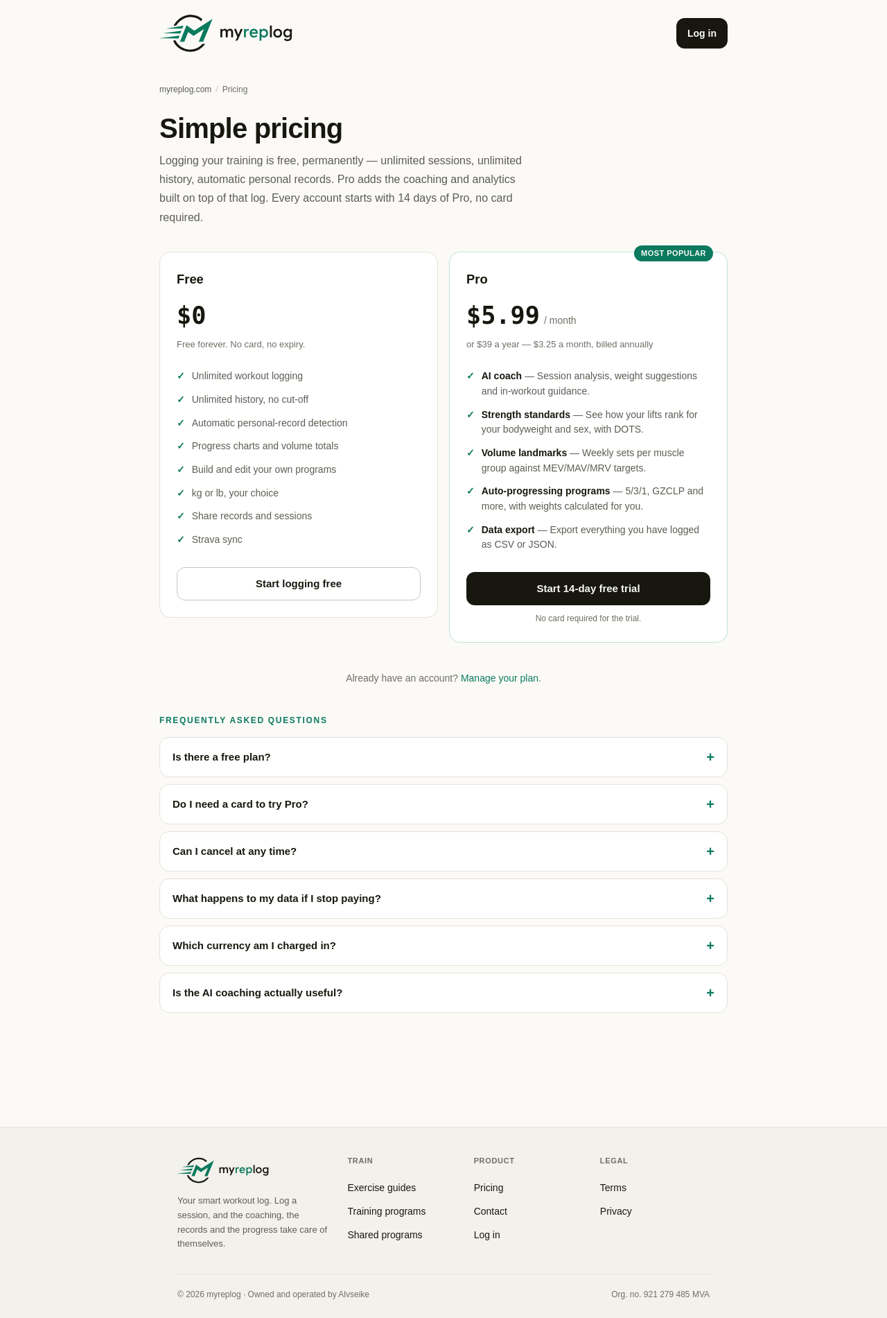 myreplog pricing page as captured