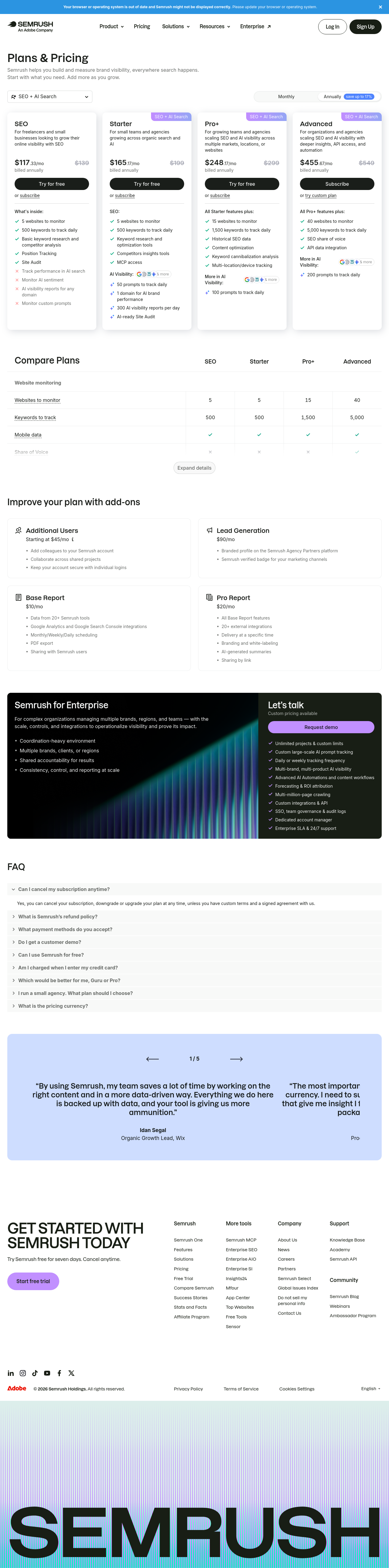Semrush pricing page as captured