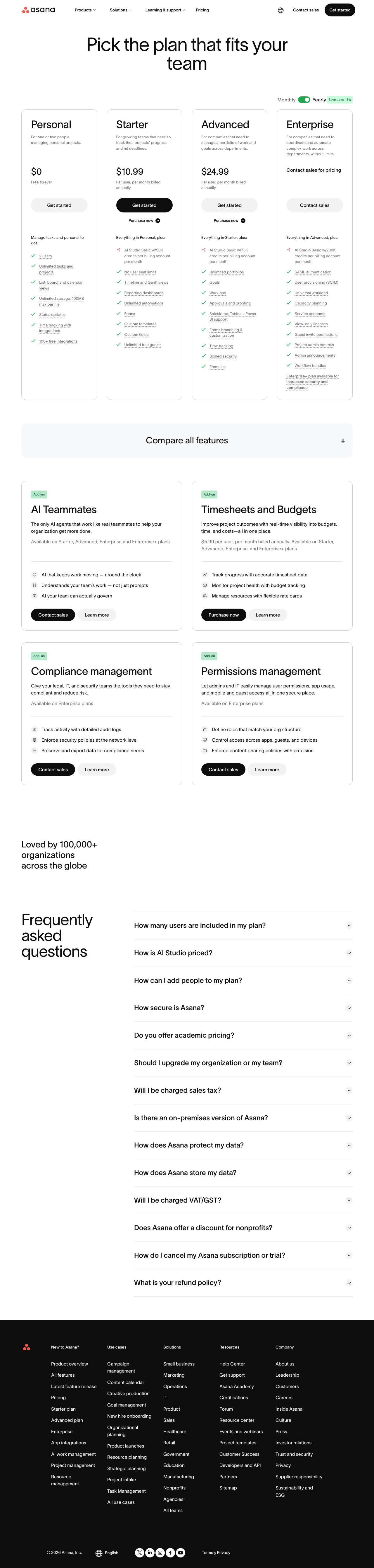 Asana pricing page as captured